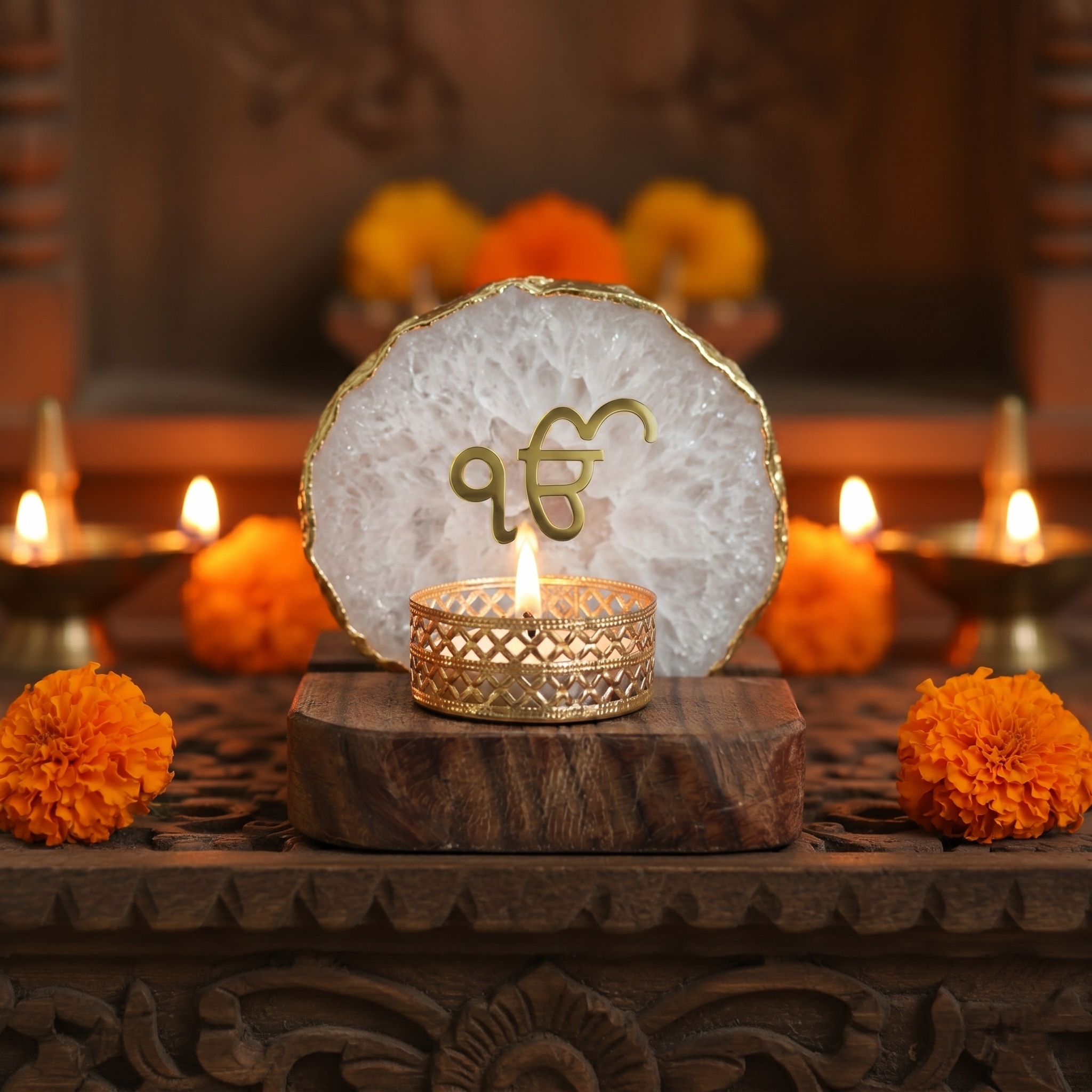 Ik Onkar Tea Light Holder Agate with Wood Stand