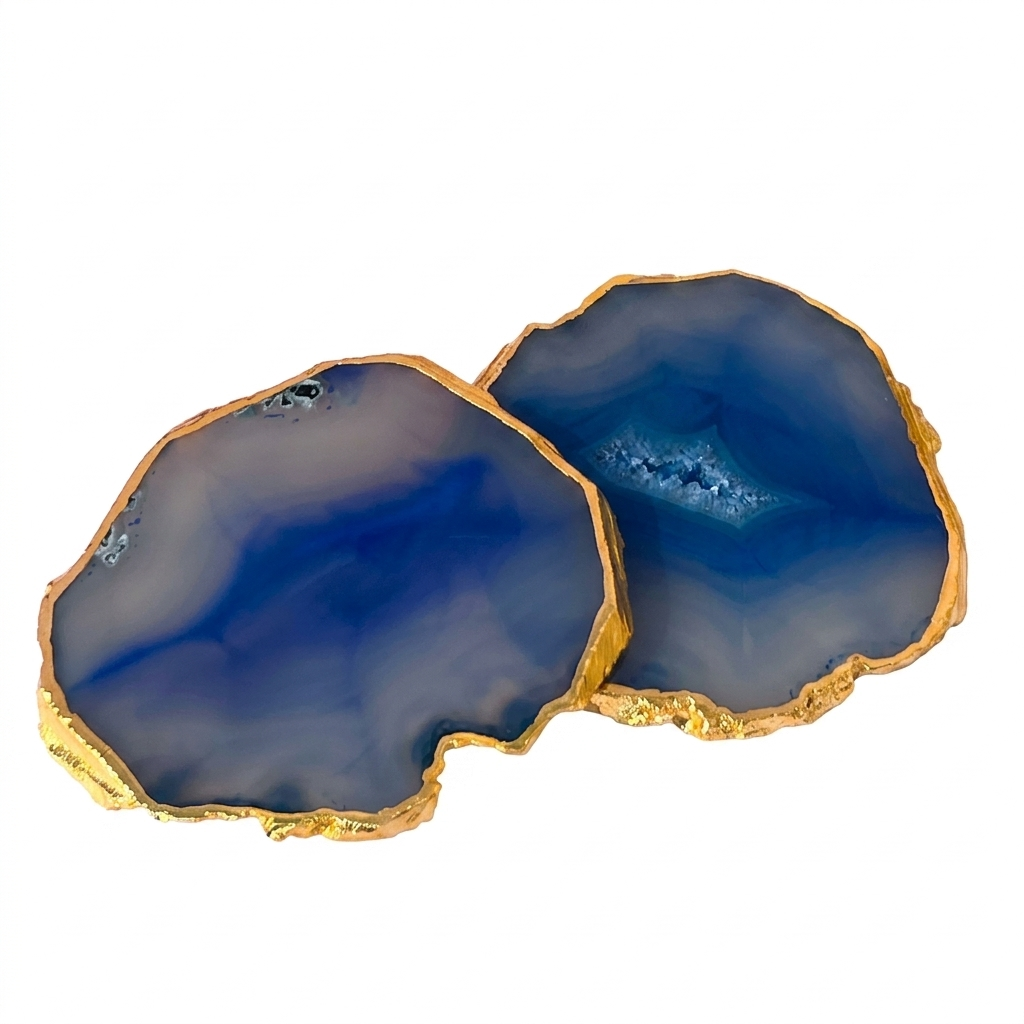 Blue Brazilian Agate Coaster with Gold Plating