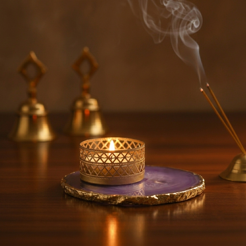 Agate Tea Light Holder with Gold Plated, Diwali Decor