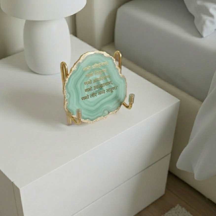 Namokar Mantra - Green Agate Metal Stand