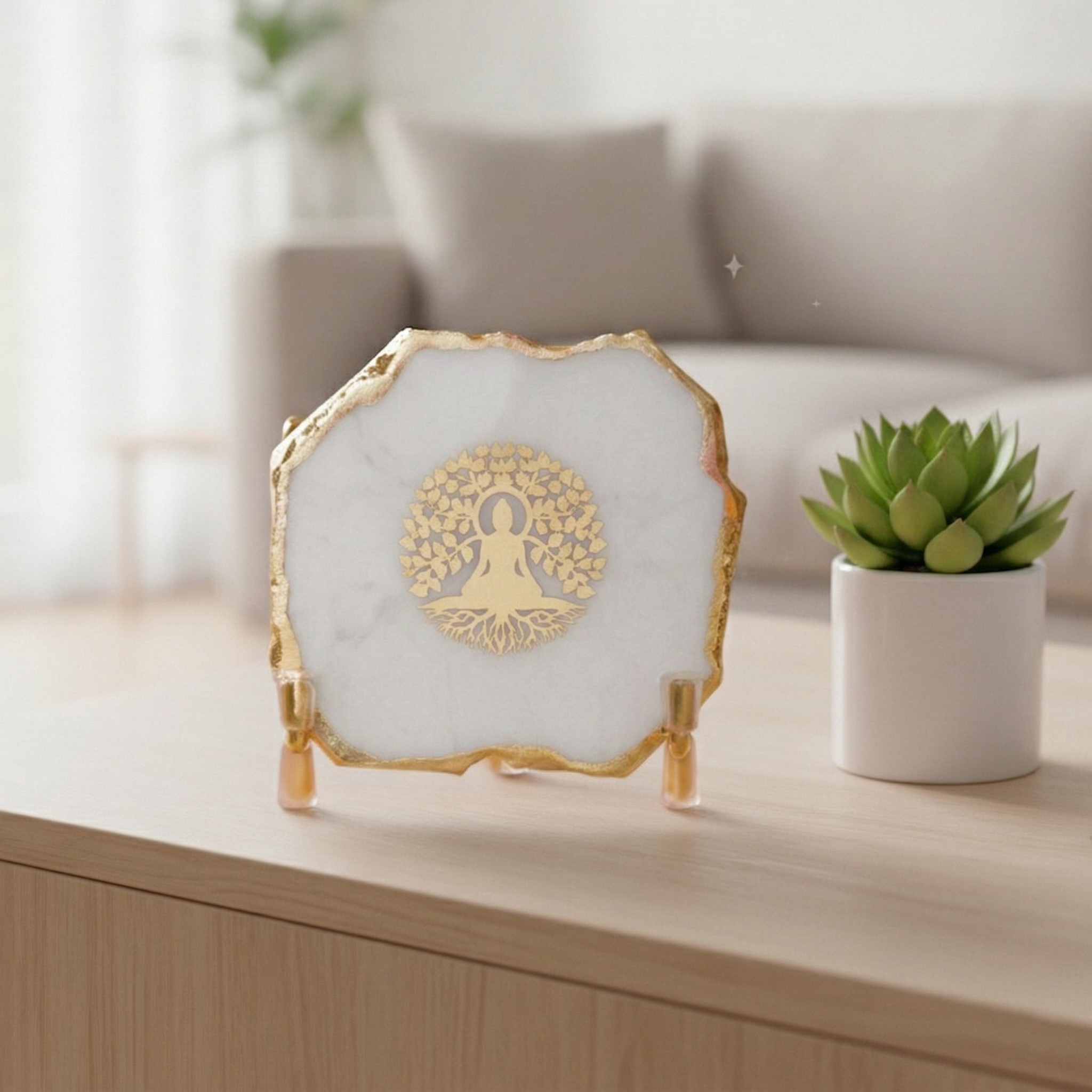 Budha Tree White Agate Metal Showpeice