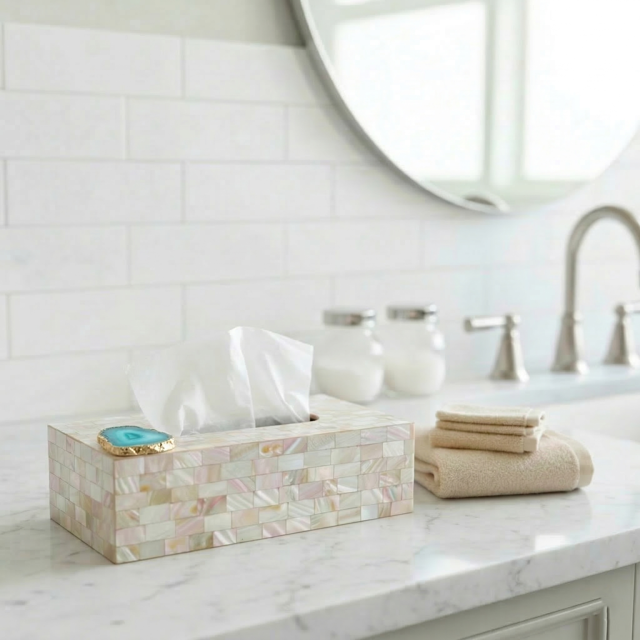 Turquoise Agate with  Mother of Pearl Tissue Box Holder