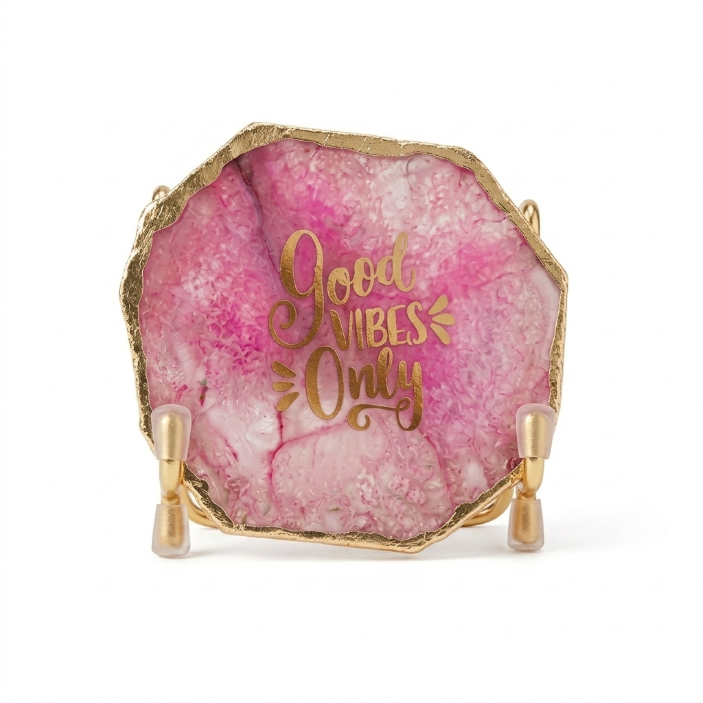 Good Vibes Pink Agate Metal Showpeice