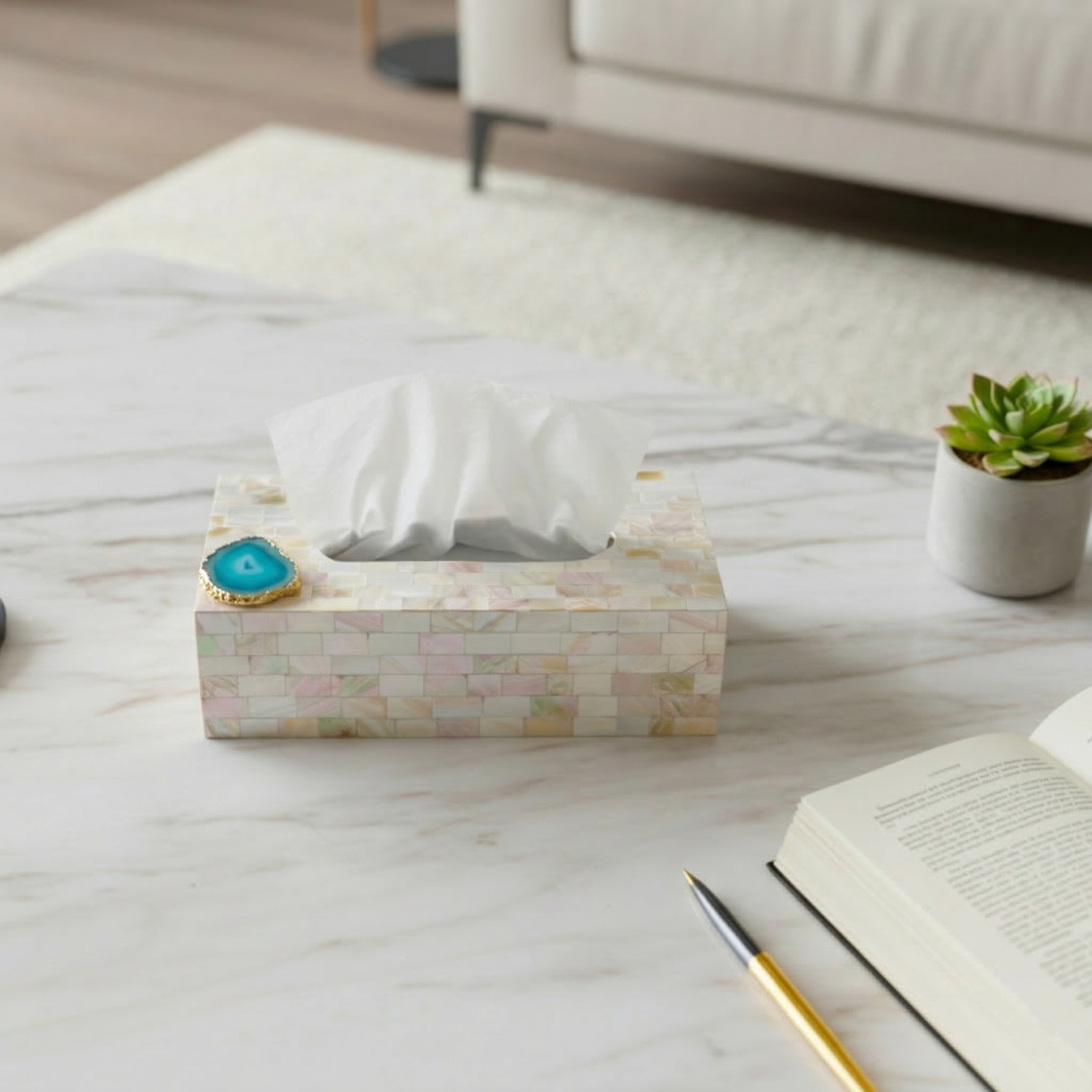 Turquoise Agate with  Mother of Pearl Tissue Box Holder