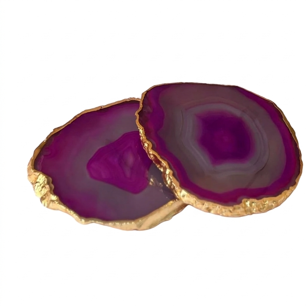 Pink Brazilian Agate Coaster with Gold Plating