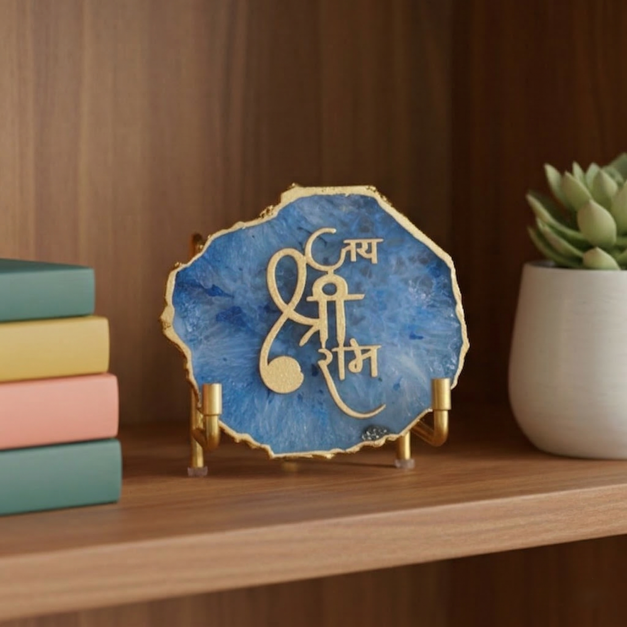 Jai Shree Ram Blue Agate  with Metal Stand