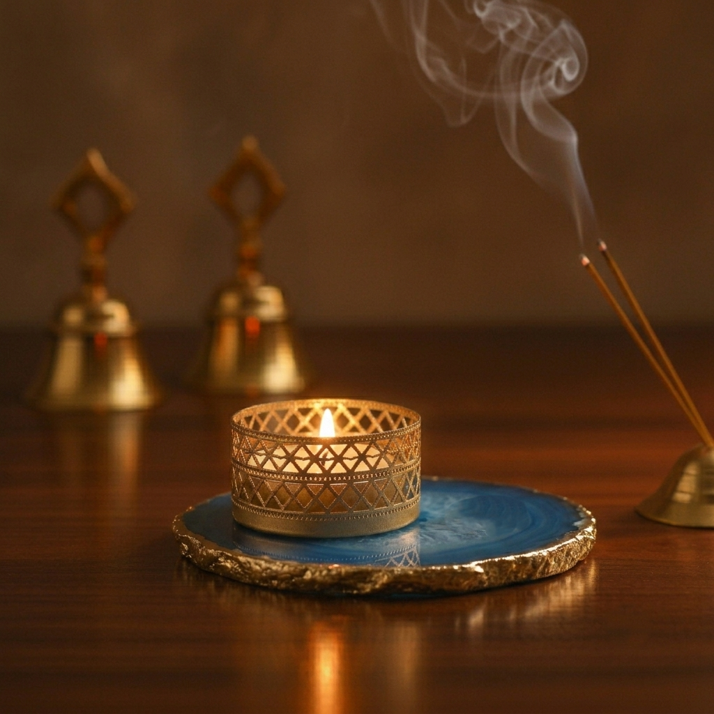 Agate Tea Light Holder with Gold Plated, Diwali Decor