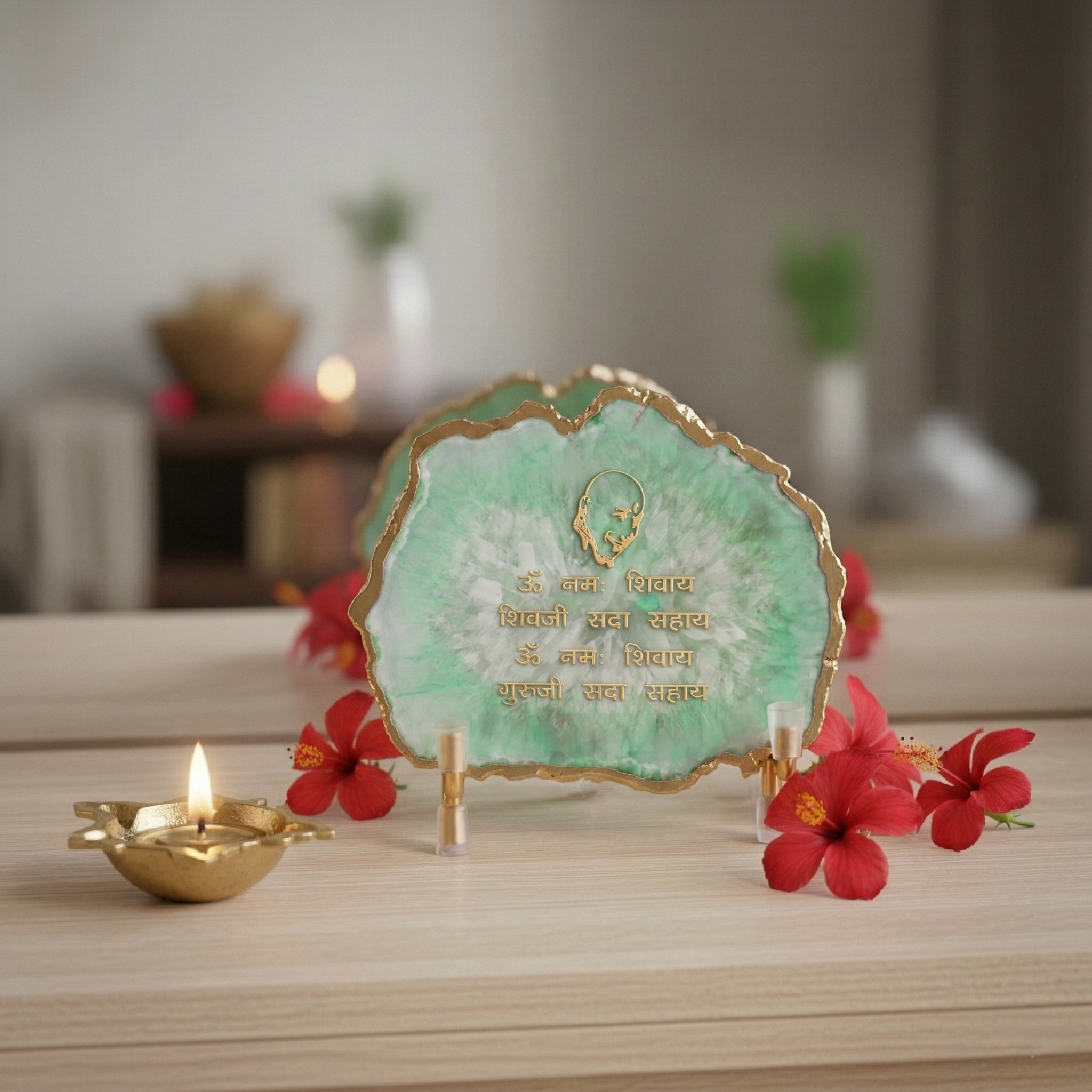 Guru Ji Mantra Green Agate Metal Showpiece
