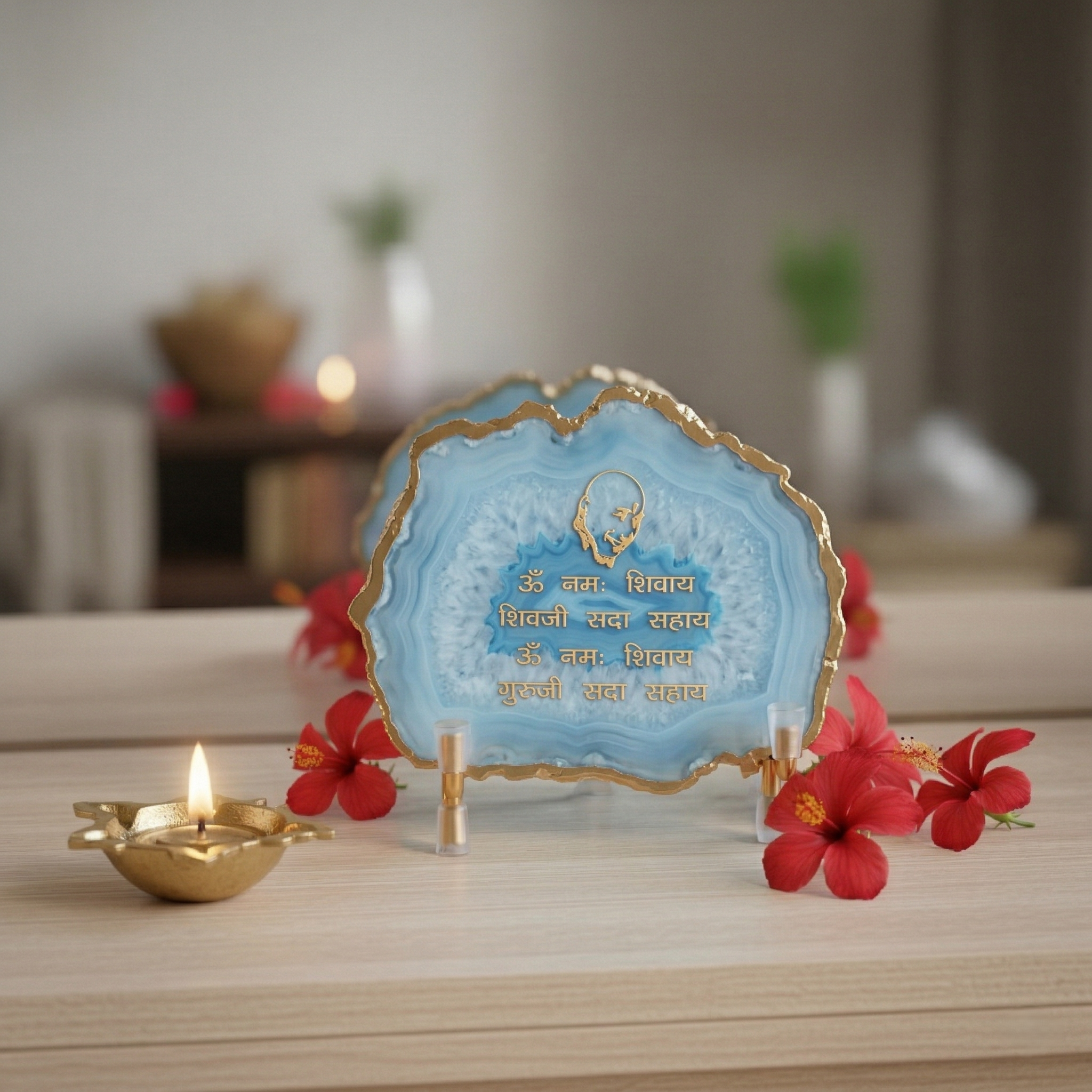 Guru Ji Mantra Blue Agate Metal Showpiece