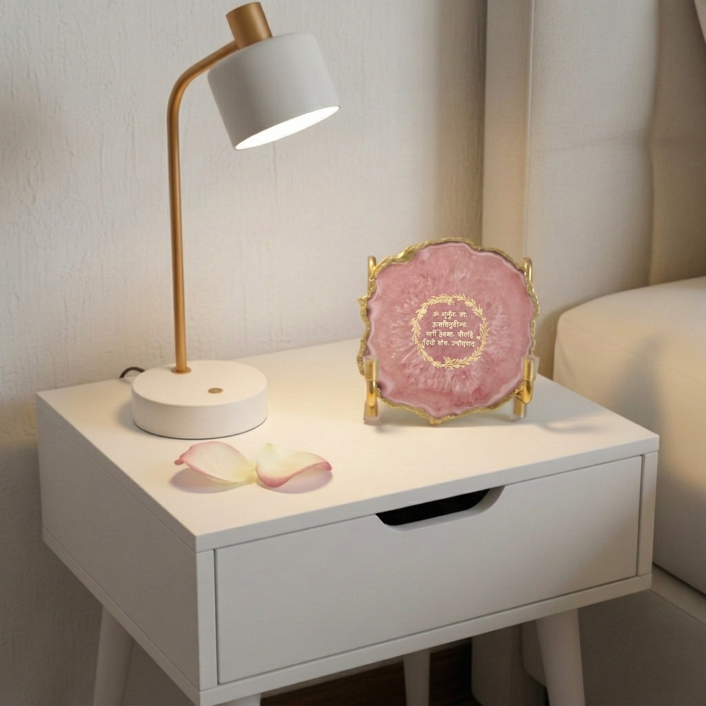 Gayatri Mantra with Pink Agate Metal Stand
