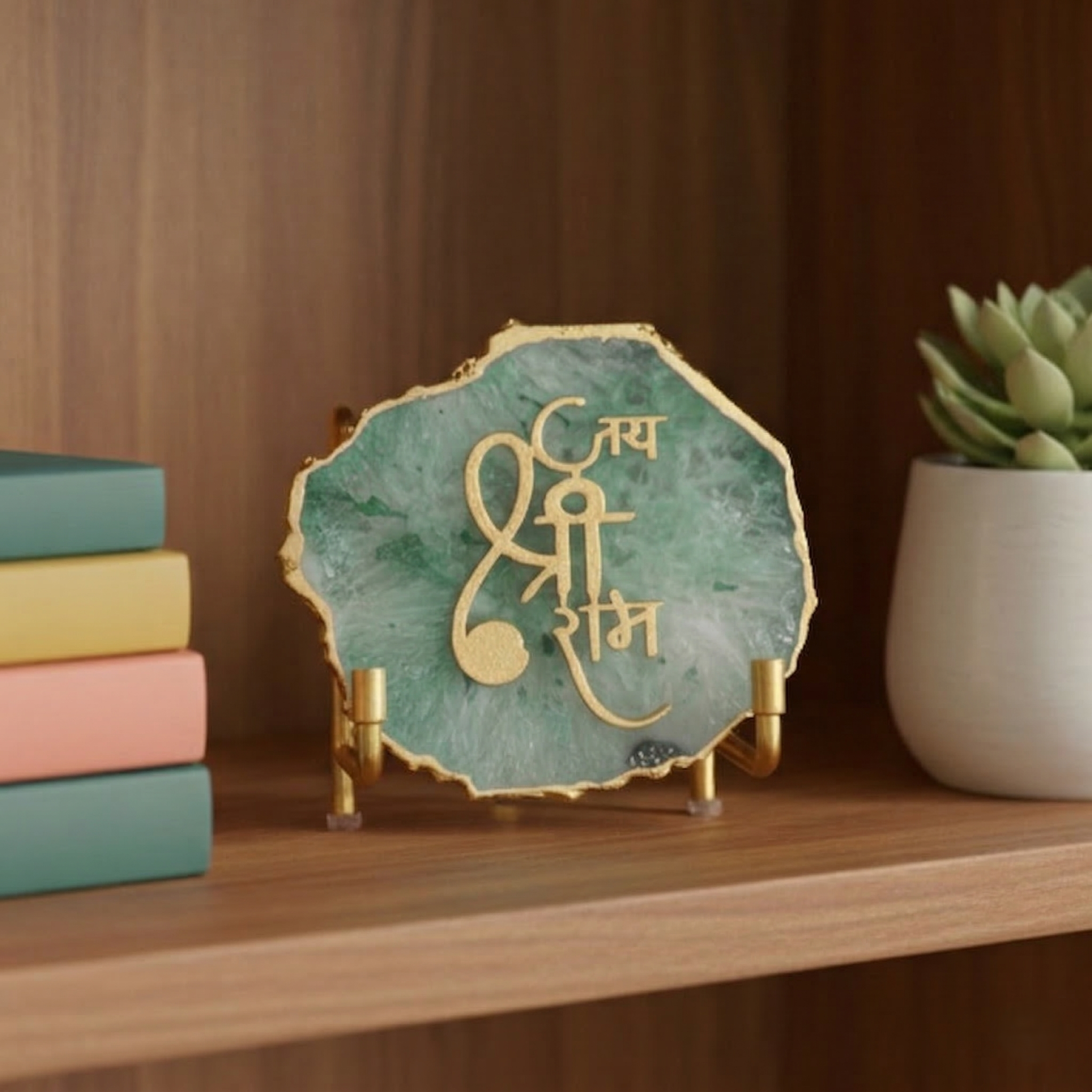 Jai Shree Ram- Pink Agate  Metal Stand