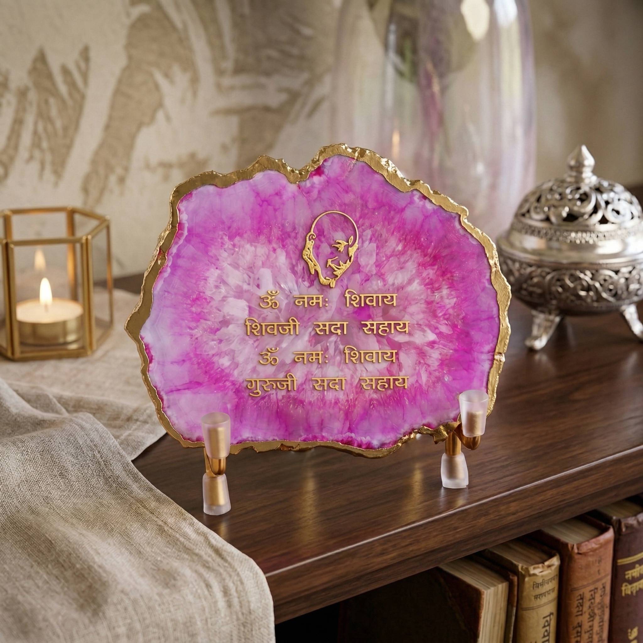 Guru Ji Mantra Pink Agate Metal Showpiece