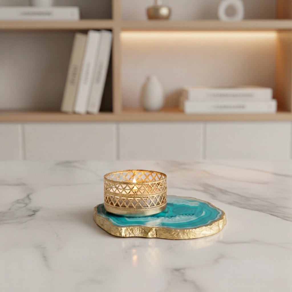 Agate Tea Light Holder with Gold Plated, Diwali Decor