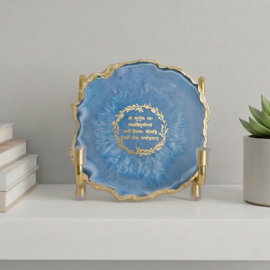 Gayatri Mantra with Pink Agate Metal Stand