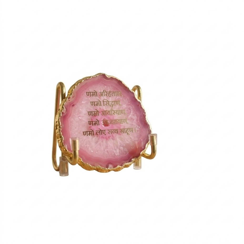Namokar Mantra  - pink Agate Metal Stand