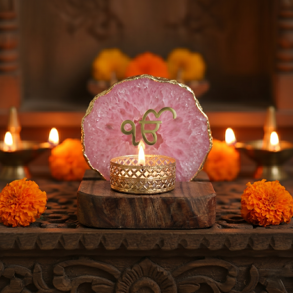 Ik Onkar Tea Light Holder Agate with Wood Stand