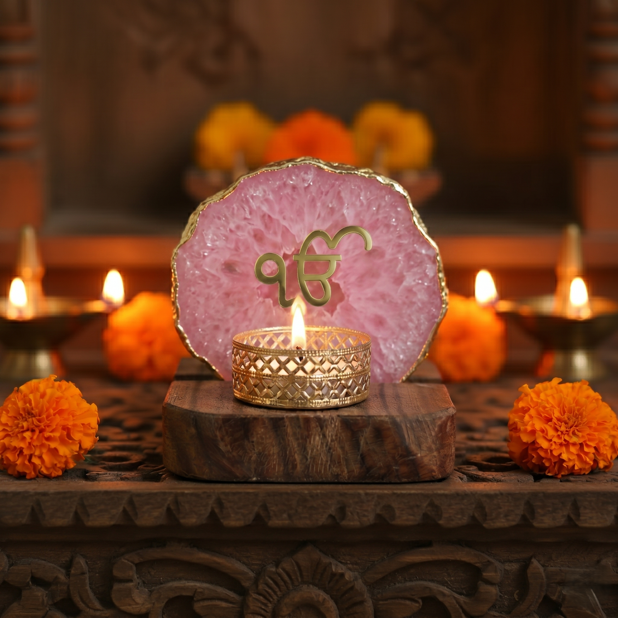 Ik Onkar Tea Light Holder Agate with Wood Stand