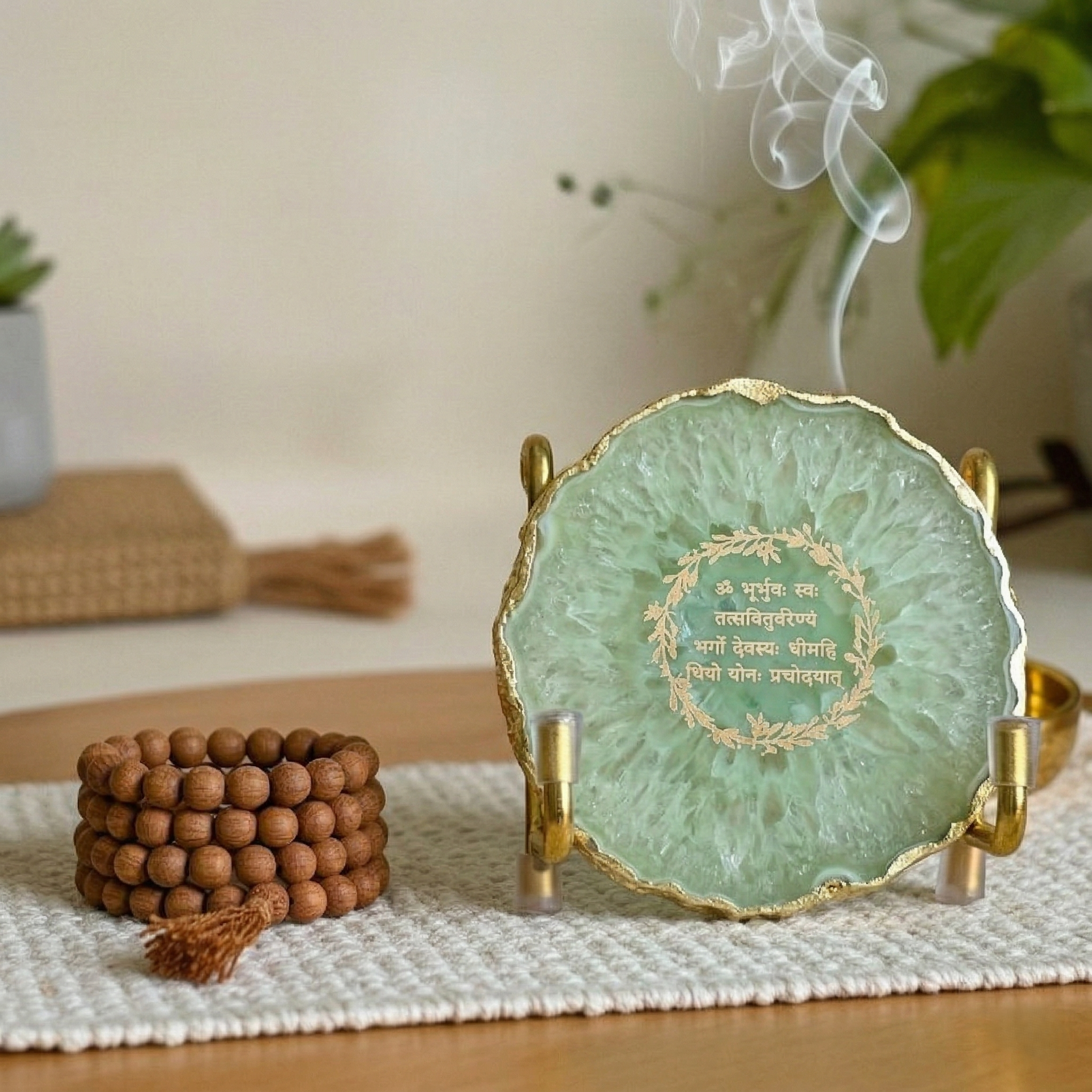 Gayatri Mantra with Green Agate Metal Stand