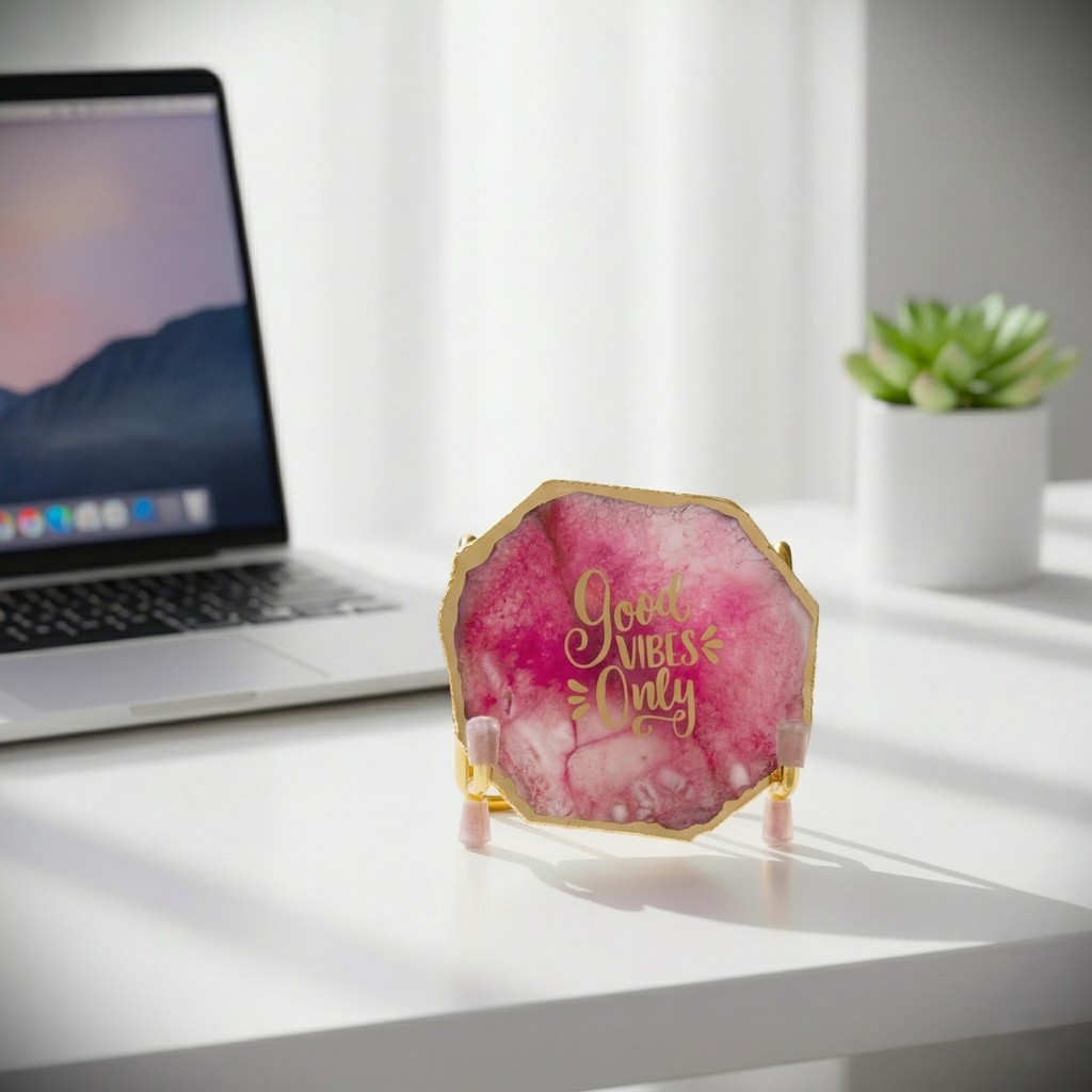 Good Vibes Pink Agate Metal Showpeice