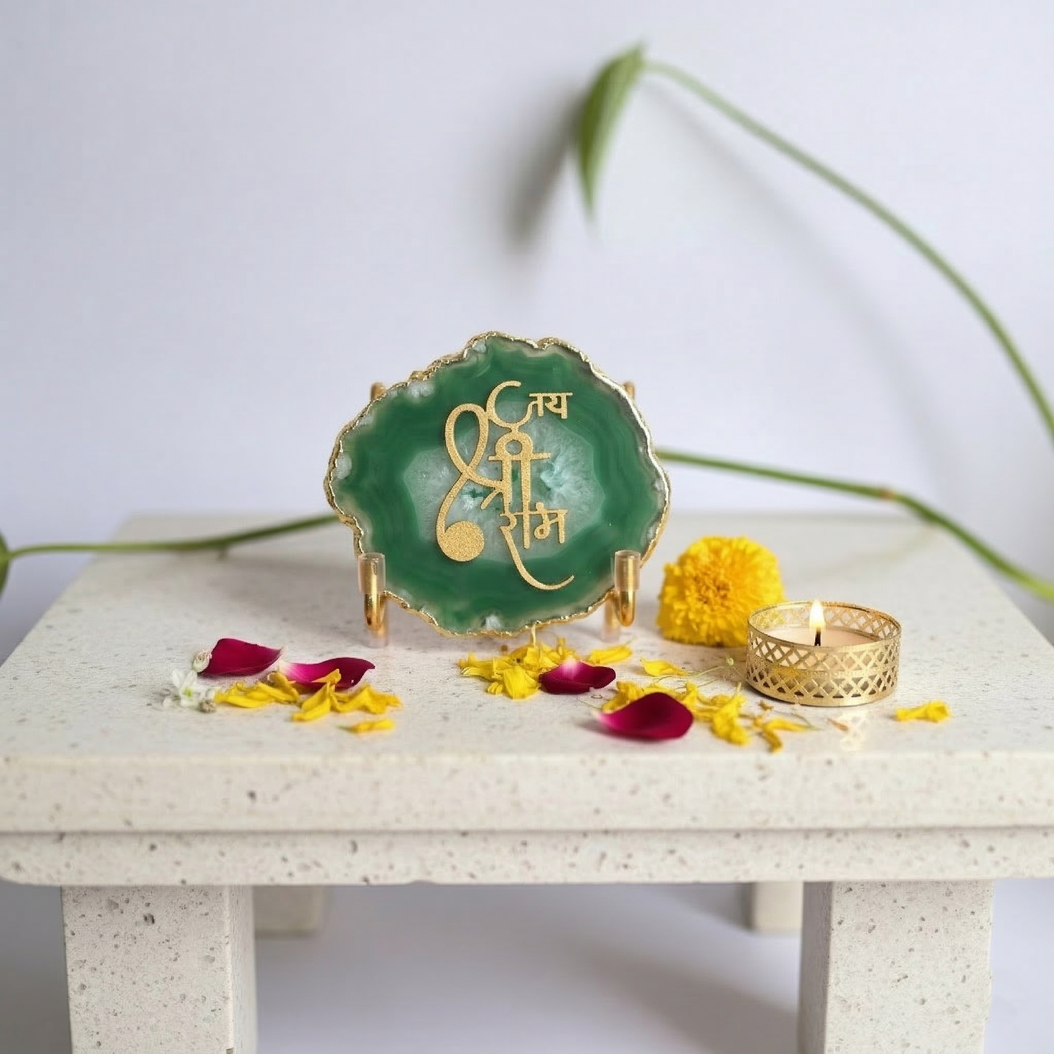 Jai Shree Ram Green Agate  with Metal Stand