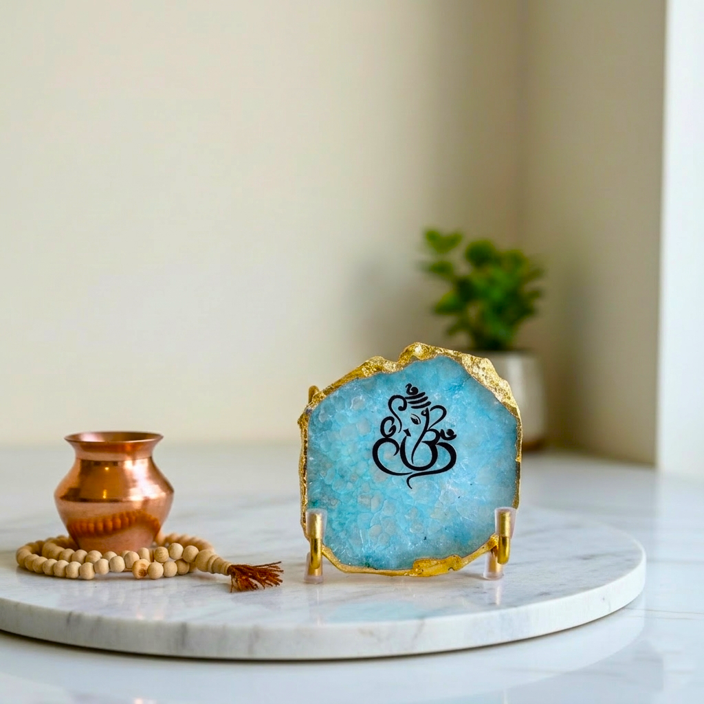 Lord Ganesh Ji - Blue Agate Metal Stand