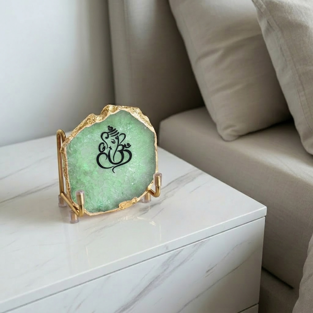 Lord Ganesh Ji - green Agate Metal Stand