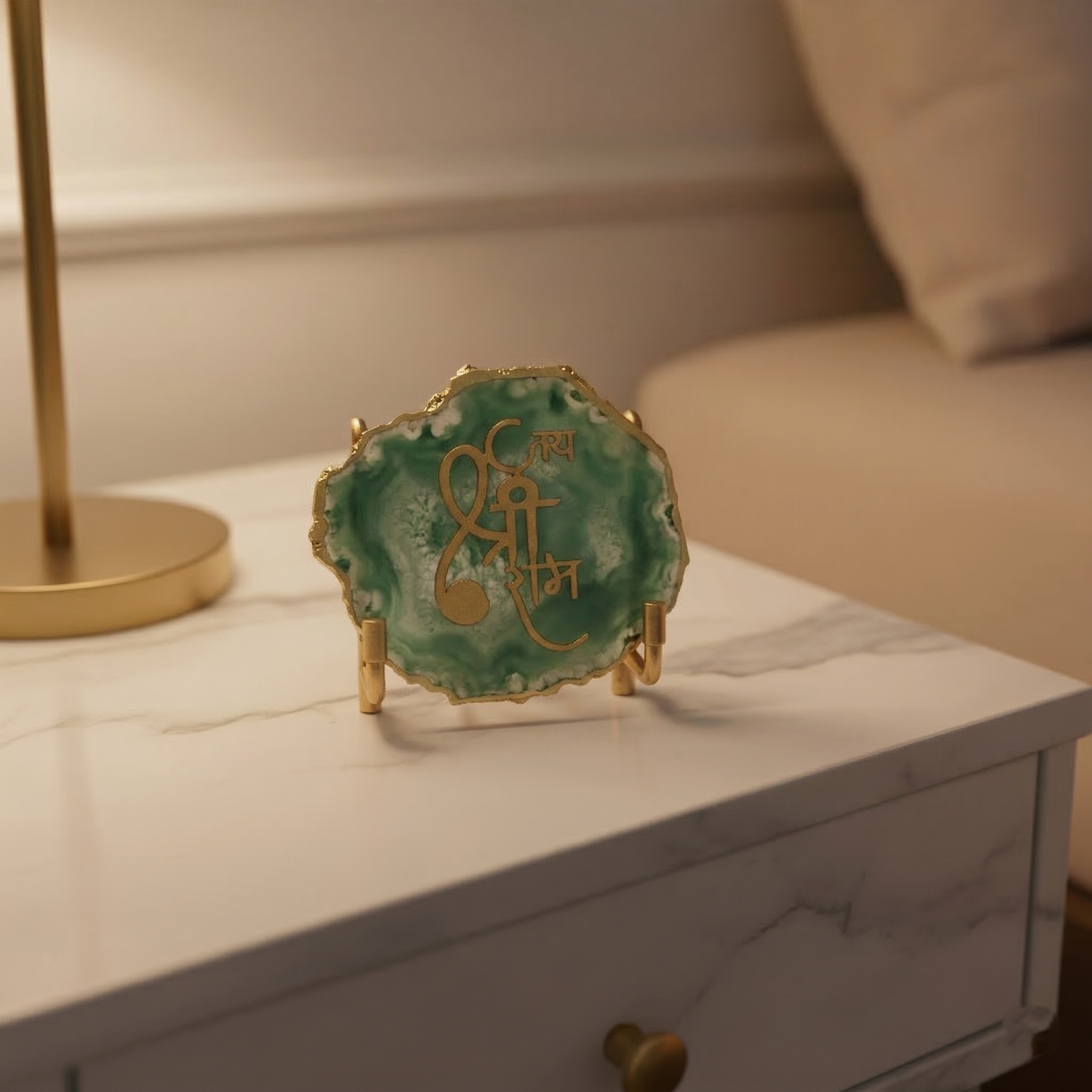 Jai Shree Ram Green Agate  with Metal Stand