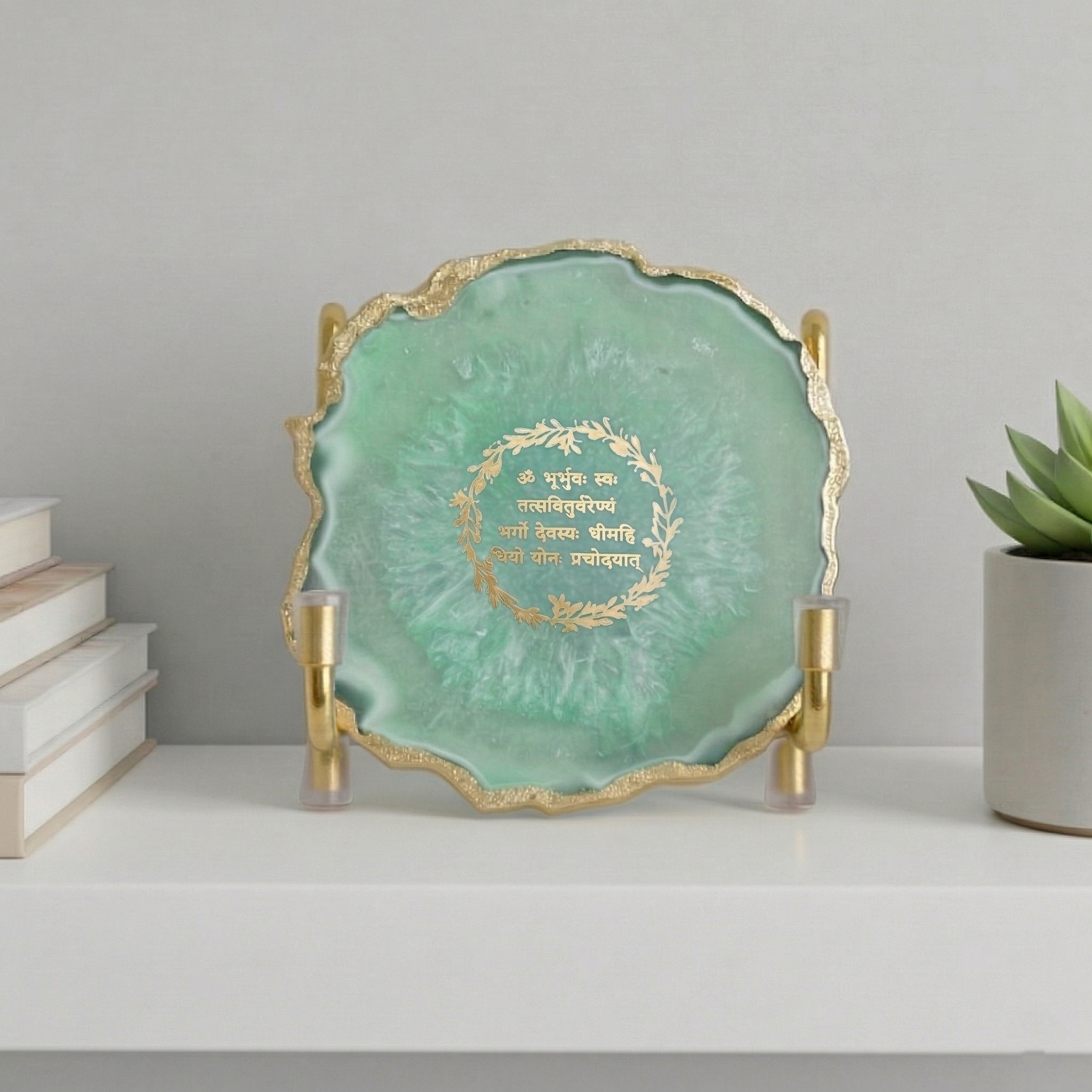 Gayatri Mantra with Pink Agate Metal Stand