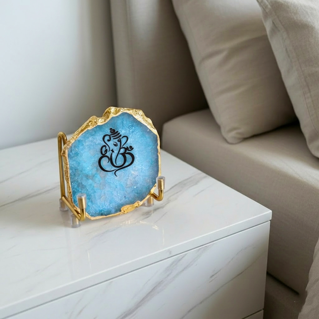Lord Ganesh Ji - Blue Agate Metal Stand