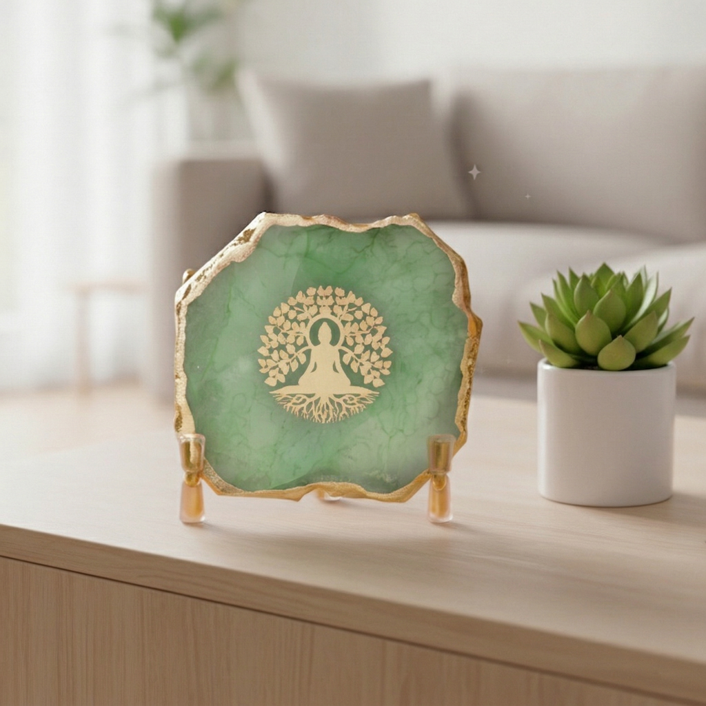 Budha Tree Green Agate Metal Showpeice