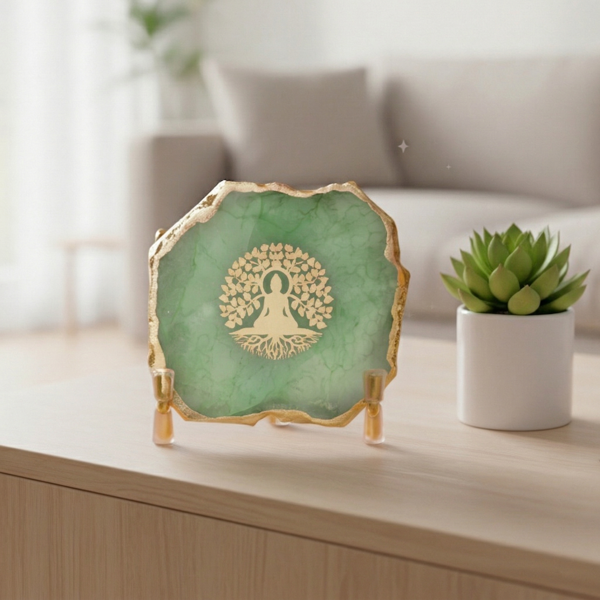 Budha Tree Green Agate Metal Showpeice