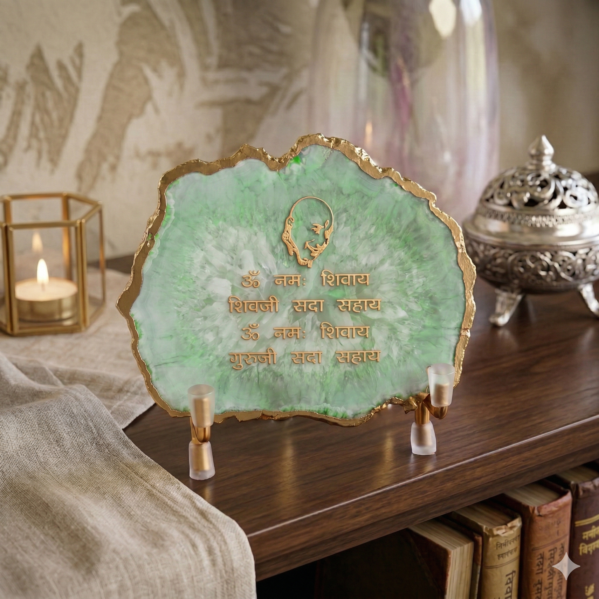 Guru Ji Mantra Green Agate Metal Showpiece