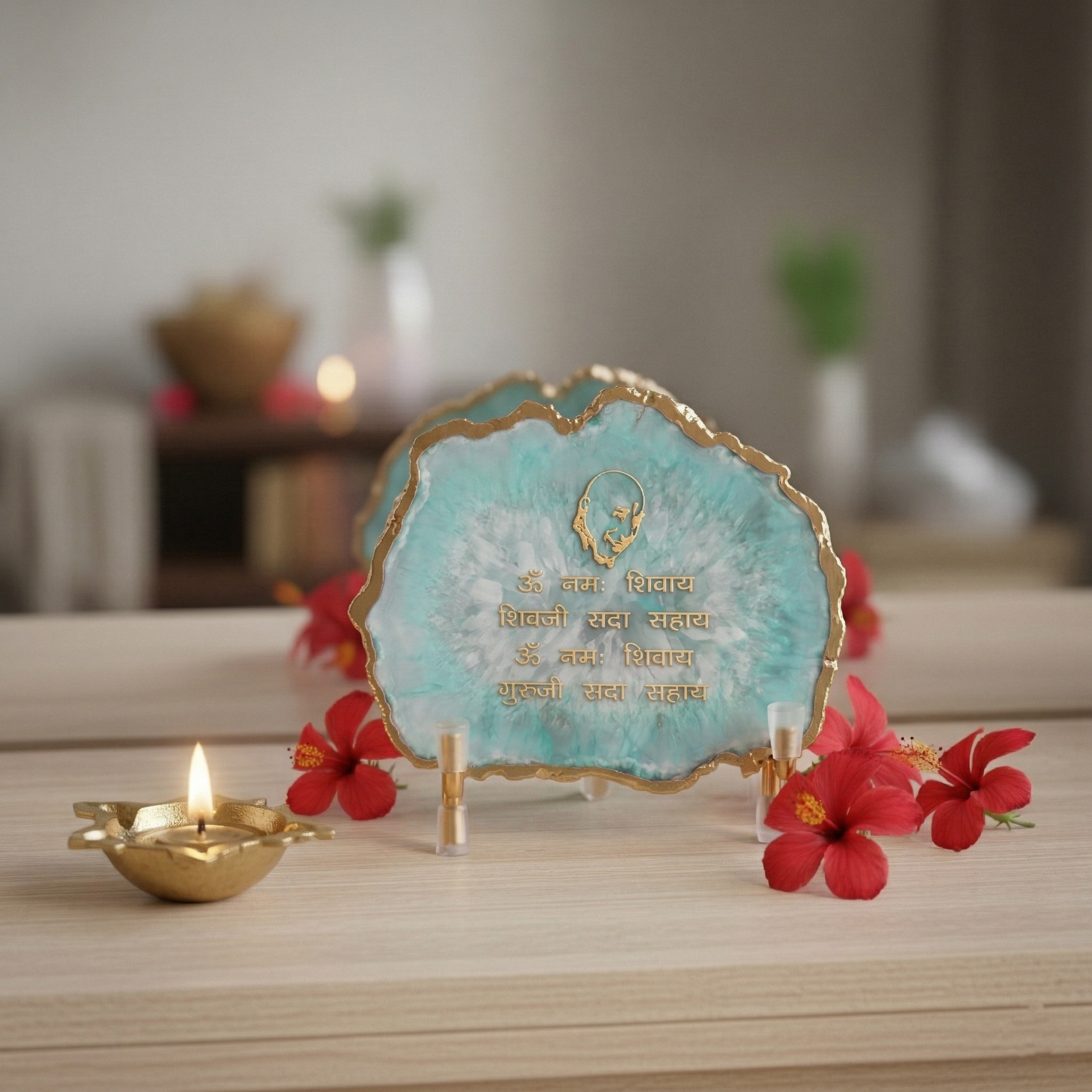 Guru Ji Mantra Turquoise Agate Metal Showpeice