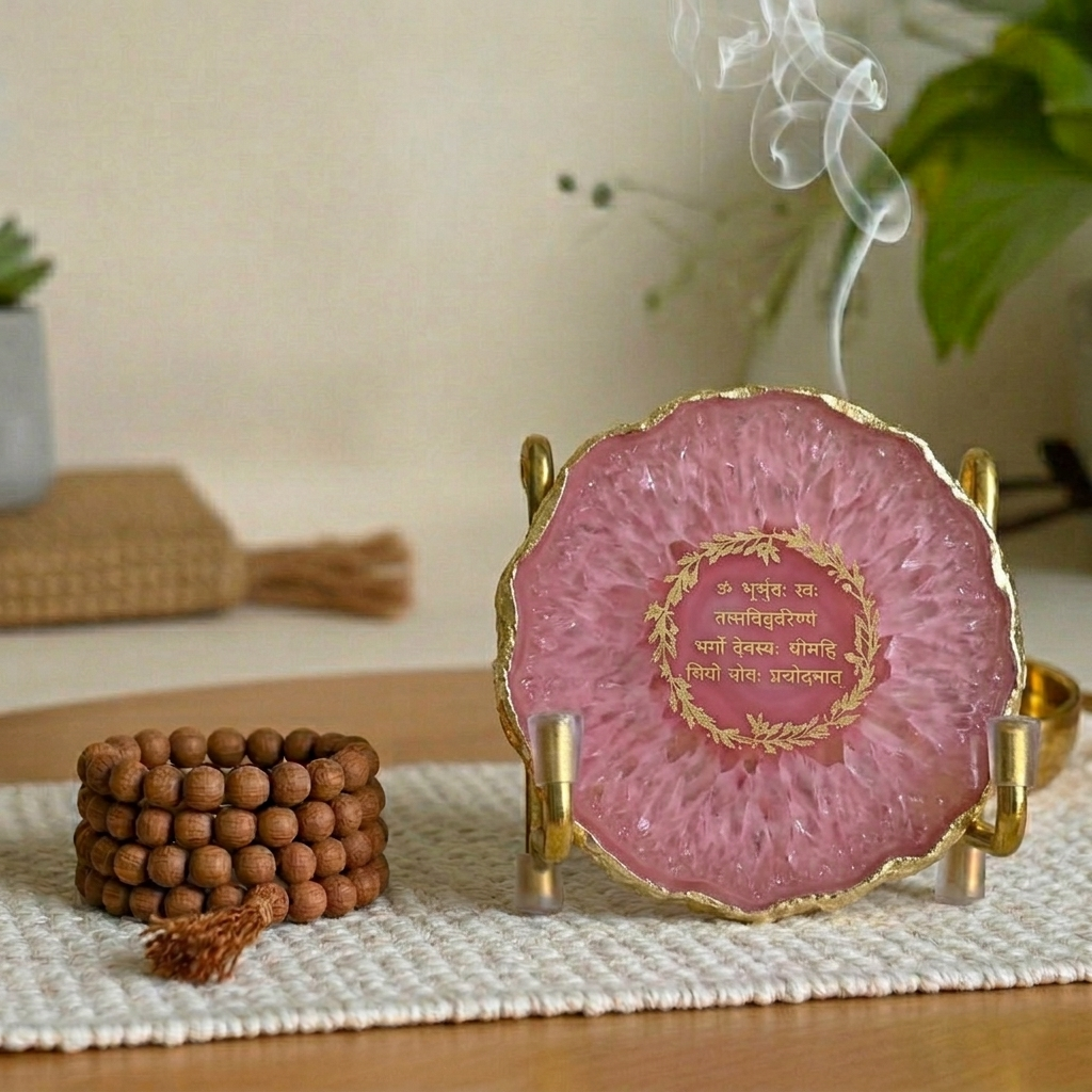 Gayatri Mantra with Pink Agate Metal Stand