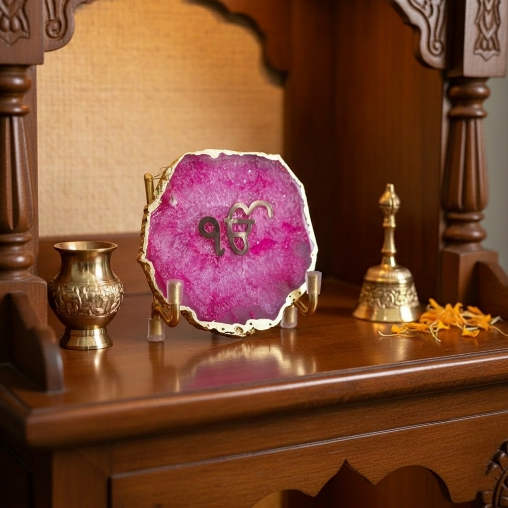 Ik Onkar - Pink Agate Metal Stand