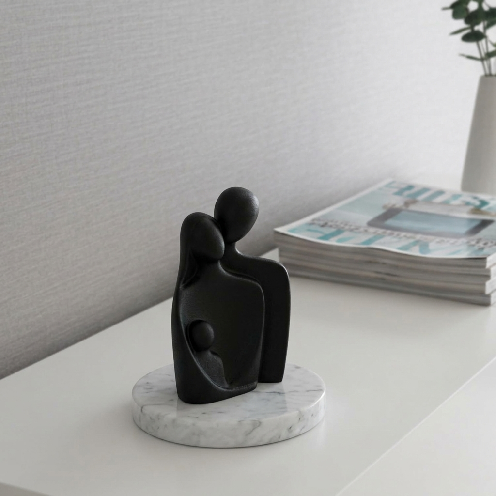 Abstract Family of 3 Figurine Black with White Marble