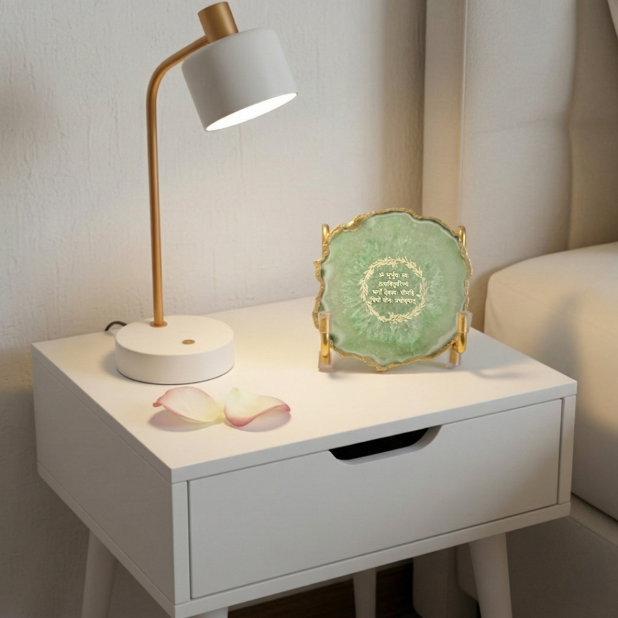 Gayatri Mantra with Green Agate Metal Stand