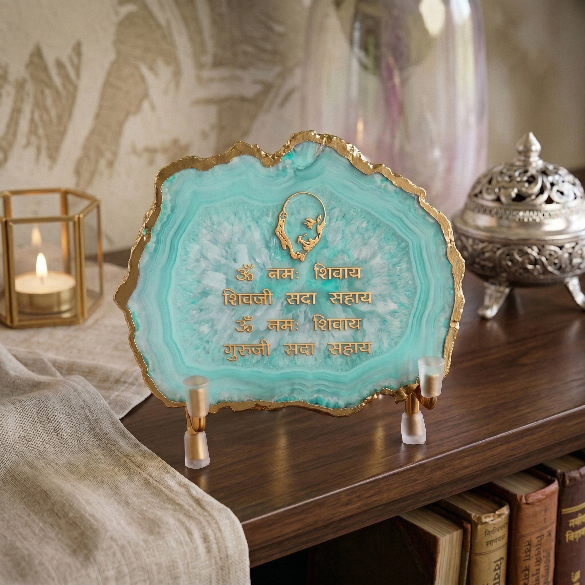 Guru Ji Mantra Turquoise Agate Metal Showpeice
