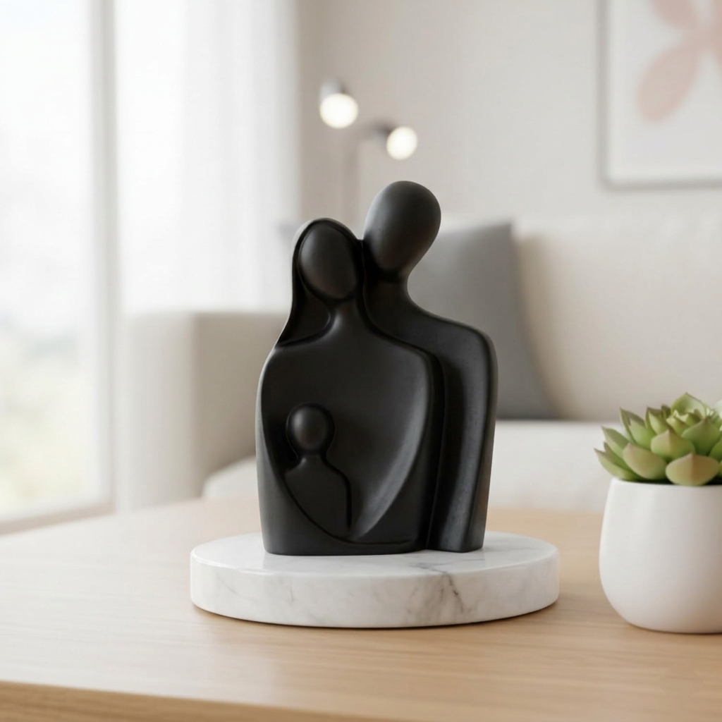 Abstract Family of 3 Figurine Black with White Marble