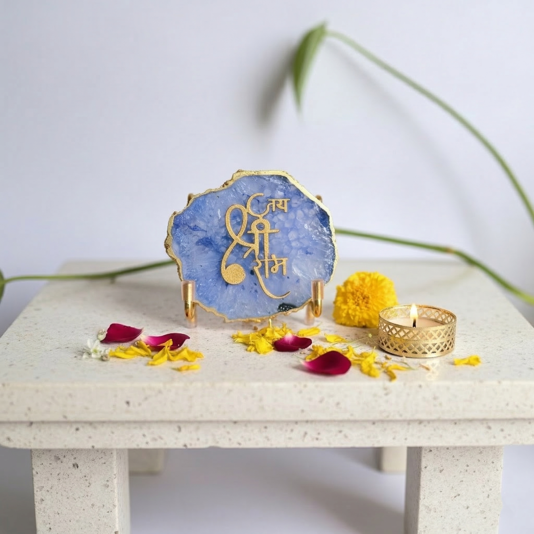 Jai Shree Ram Blue Agate  with Metal Stand