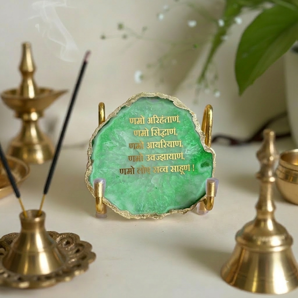 Namokar Mantra - Green Agate Metal Stand