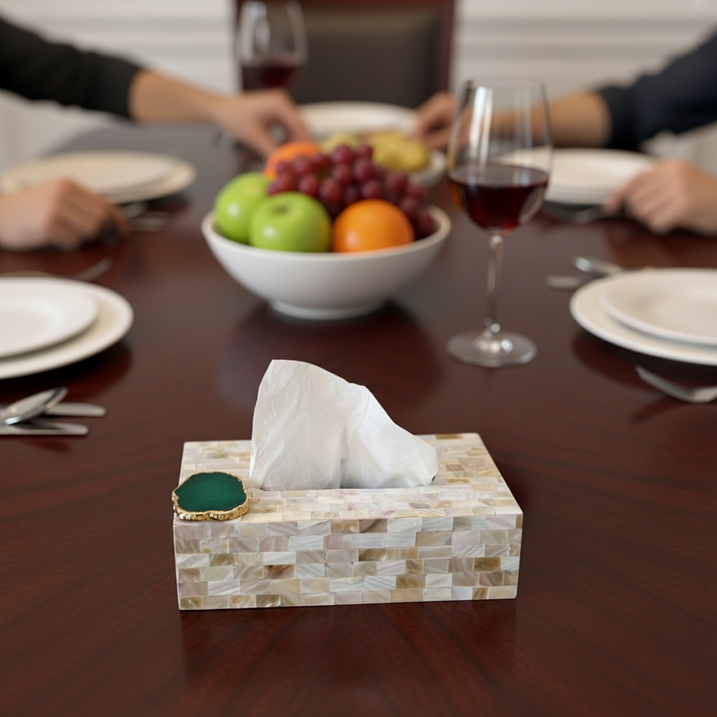 White Agate with  Mother of Pearl Tissue Box Holder