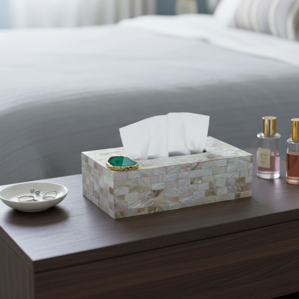 Green Agate with  Mother of Pearl Tissue Box Holder