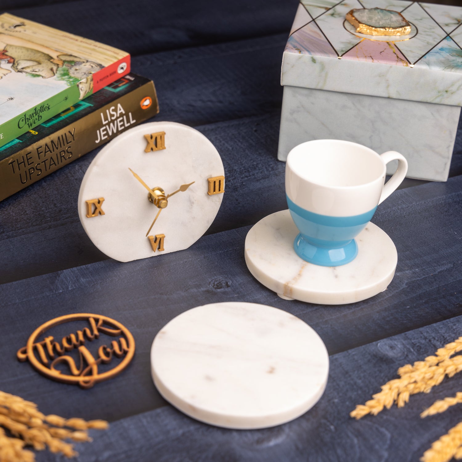 Marble Desk Clock and Set of 2 Marble Round Coasters Hamper