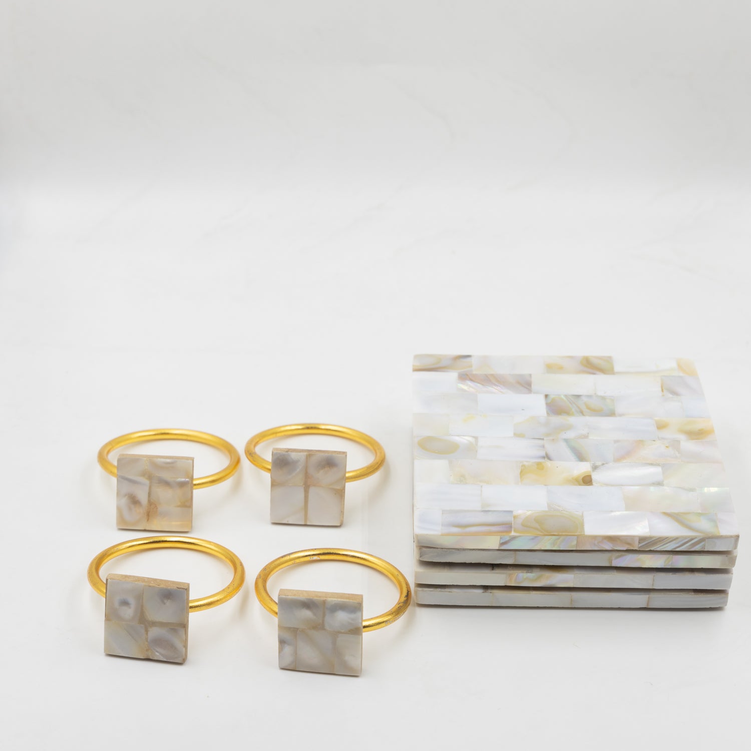 MOP Square Coasters and Square Napkin Rings Set of 4 Hamper