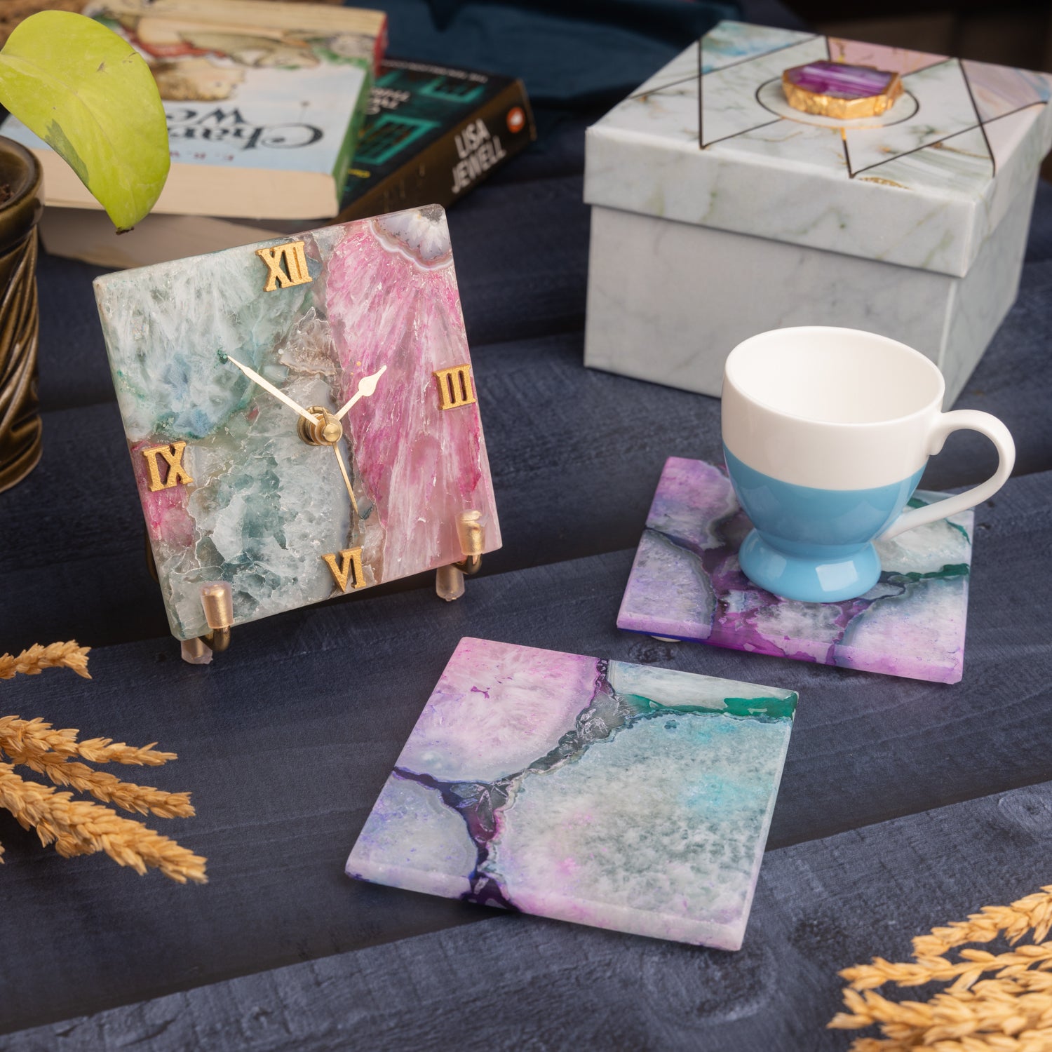 Multi Color Agate Desk Clock and set of 2 Coasters Hamper