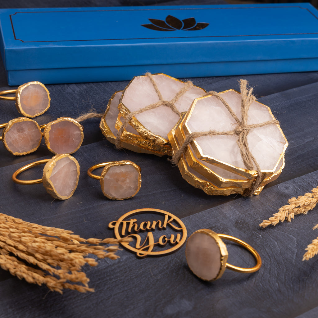 Rose Quartz Coasters and Napkin Rings Set of 6 Hamper