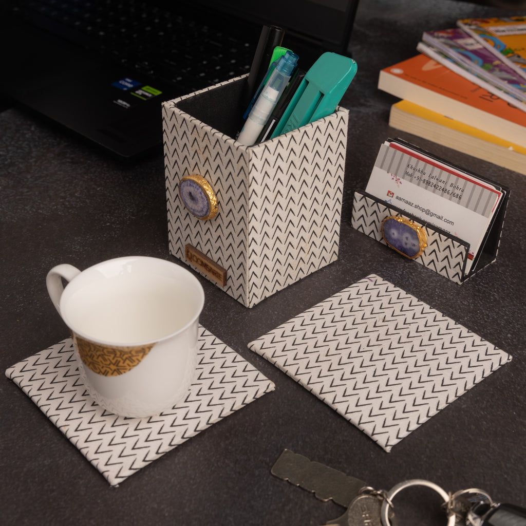 Cotton Fabric Black and White Pen Stand Buisness Card Holder and Set of 2 Coasters Hamper