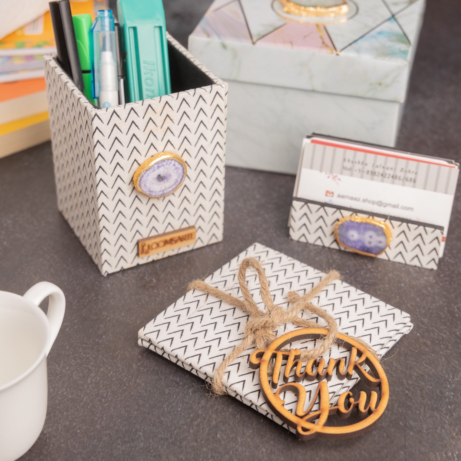 Cotton Fabric Black and White Pen Stand Buisness Card Holder and Set of 2 Coasters Hamper