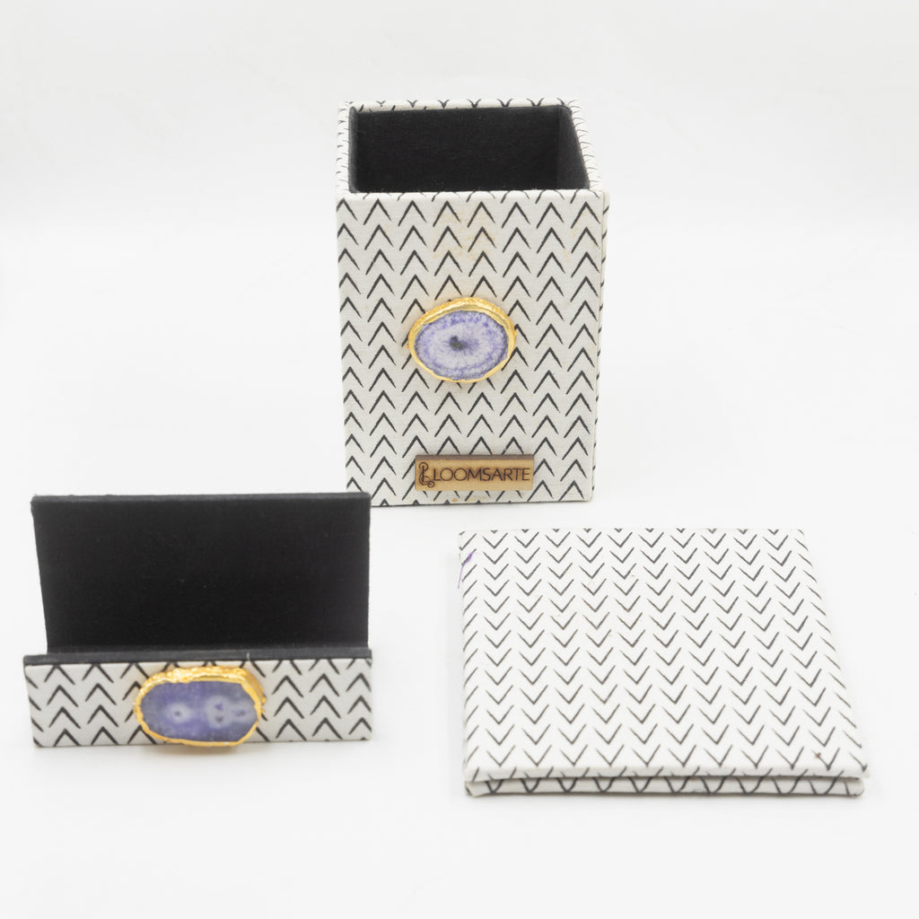 Cotton Fabric Black and White Pen Stand Buisness Card Holder and Set of 2 Coasters Hamper